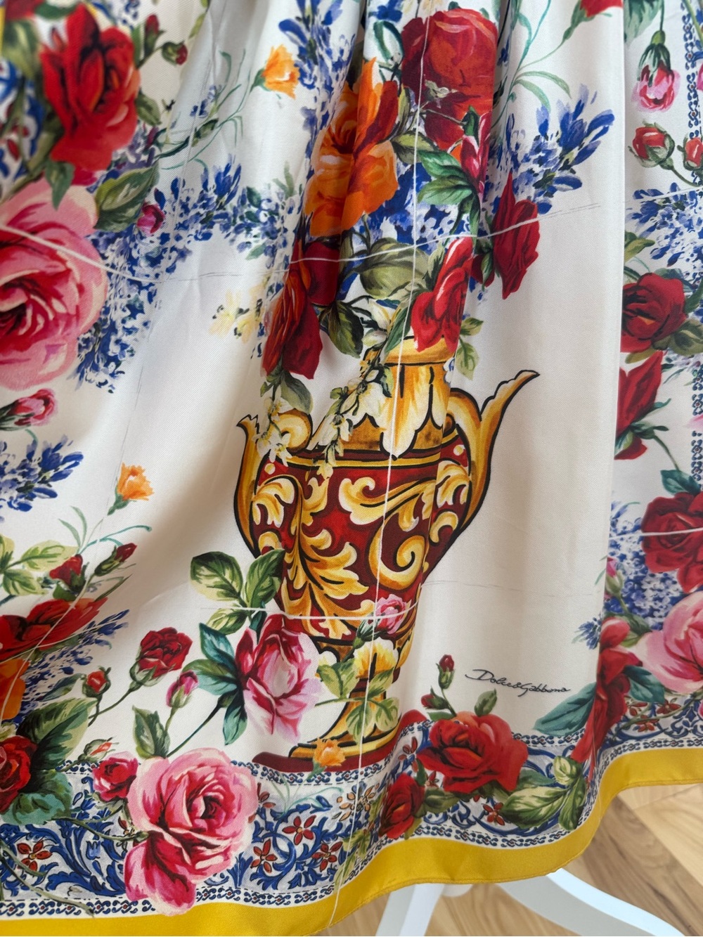 Dolce & Gabbana Cream Floral Midi Skirt with Yellow Trim - Picture 9 of 12